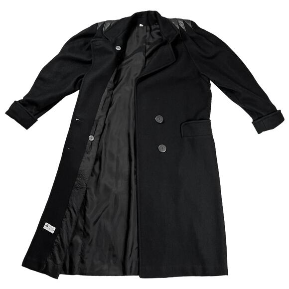 Dark Navy Wool Blend Coat Size 8 Leather Accents Lined Double Breast Long Vtg - Picture 12 of 15